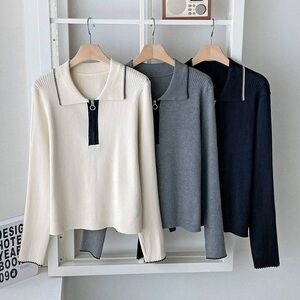 Stylish Ribbed Zip Collar Tops - Available in Cream, Gray, and Black